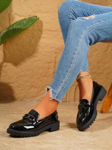 Women's Thick Sole Loafers, 2025 New British Style Black Slip-On Flat Shoes - Black - View 3