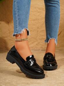 Women's Thick Sole Loafers, 2025 New British Style Black Slip-On Flat Shoes - Black - View 6