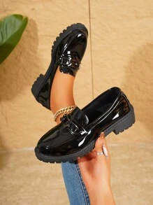 Women's Thick Sole Loafers, 2025 New British Style Black Slip-On Flat Shoes - Black - View 2