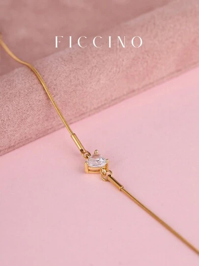  FICCINO 经典心形镀金方晶锆石手链，钛钢镀金蛇链可调节长度珠宝，简约可爱，可作为送给女孩/女朋友的礼物，附赠盒子