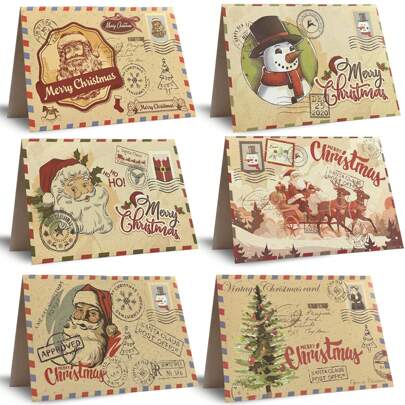 Set de 12 tarjetas de felicitación navideñas vintage con 6 sobres