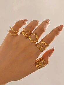 Conjunto de anéis de padrão de linha assimétrica de aço inoxidável 5 peças, uso diário moderno para mulheres