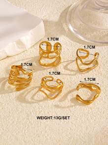 Conjunto de anéis de padrão de linha assimétrica de aço inoxidável 5 peças, uso diário moderno para mulheres