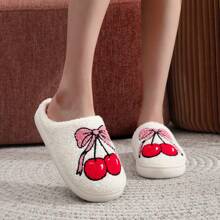 Zapatillas de casa con forro grueso y bordado de cereza linda con lazo, regalo de Navidad y vacaciones para mujer
