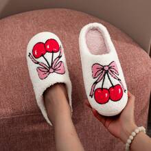 Zapatillas de casa con forro grueso y bordado de cereza linda con lazo, regalo de Navidad y vacaciones para mujer