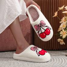 Zapatillas de casa con forro grueso y bordado de cereza linda con lazo, regalo de Navidad y vacaciones para mujer