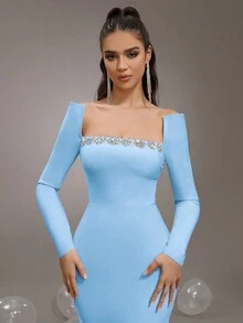 New Heavy Rhinestone Embellished Long Sleeve Square Neck Fitted Long Bandage Dress, Women's Formal Wedding Banquet Gown - Baby Blue - View 6