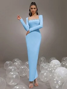 New Heavy Rhinestone Embellished Long Sleeve Square Neck Fitted Long Bandage Dress, Women's Formal Wedding Banquet Gown - Baby Blue - View 3