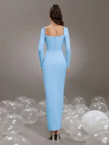 New Heavy Rhinestone Embellished Long Sleeve Square Neck Fitted Long Bandage Dress, Women's Formal Wedding Banquet Gown - Baby Blue - View 5