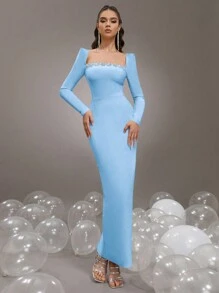 New Heavy Rhinestone Embellished Long Sleeve Square Neck Fitted Long Bandage Dress, Women's Formal Wedding Banquet Gown - Baby Blue - View 1