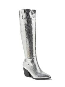 Botas altas de montar con tacón grueso y puntera puntiaguda, con pliegues y brillo, estilo británico, nuevas para otoño/invierno 2025