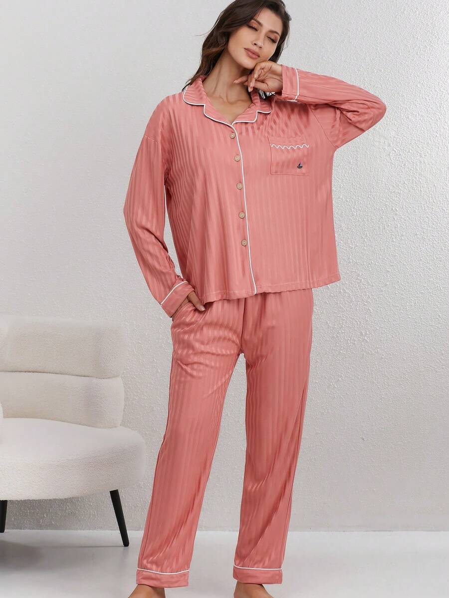 Damen Lässig Slim Fit einfarbiger Pyjama Set mit Hemd mit Kragen und Knöpfen, Taschen, Langarm und Hose, geeignet für Frühling, Herbst und Winter, 2 Stücke - Rosenrot - Übersicht 1