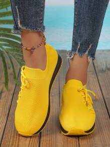 New Style All Seasons Anti-Slip Thick Sole Women Sports Shoes In Large Sizes, With Mesh And Solid Color Design, Crossed Lace-Up Fashion Shoes