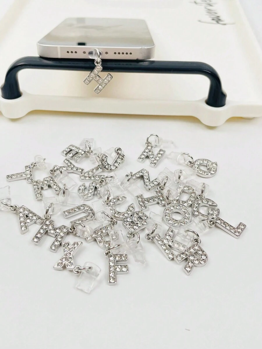 Rhinestone Letter Decorated Dust Plug, Compatible With Iphone Port, Type-C Port, Android Phone Charging Port - White - View 1
