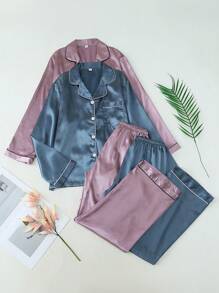 2 件套女士纯色缎面睡衣套装，长袖有领衬衫和长裤家居服，适合家居服、秋冬装、秋季服装 - 彩色 - 查看 1