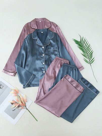 2 件套女士纯色缎面睡衣套装，长袖有领衬衫和长裤家居服，适合家居服、秋冬装、秋季服装