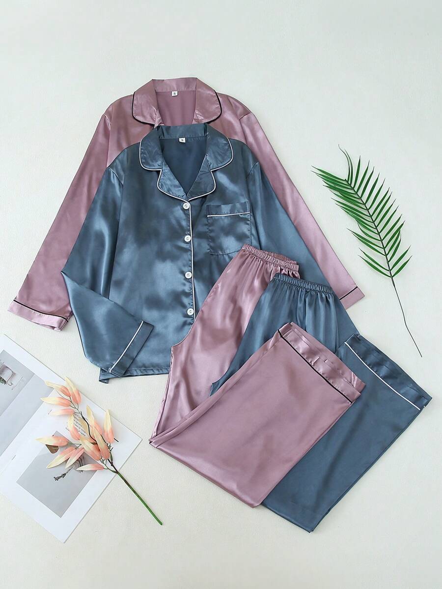 2 件套女士纯色缎面睡衣套装，长袖有领衬衫和长裤家居服，适合家居服、秋冬装、秋季服装 - 彩色 - 查看 1