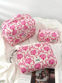 1 件/套粉色南瓜蝴蝶结绗缝化妆包，时尚休闲时尚便携式化妆包，多功能，大容量大储物袋，可装钱包、口红、卫生巾、袋垫、硬币、钥匙、耳机、空气盒、有线耳机、电缆、充电器、适配器、耳机和其他配件、可爱洗漱用品收纳袋、旅行储物袋，适合女士、糖果、护士、女学生、学生、礼物。 - 粉色 - 查看 11