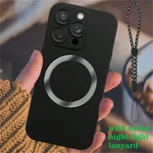 1pc Black Magnetic Soft Matte Protective Case With Glow-In-The-Dark Lanyard, Liquid Silicone Anti-Scratch Full-Body TPU Soft Protective Cover, Fingerprint-Resistant, Compatible With IPhone 15 Pro/15 Pro Max/15 Plus/15/14 Pro/14 Pro Max/14 Plus/14/13 Pro/13 Pro Max/13/13 Mini/12 Pro/12 Pro Max/12/12 Mini/11 Pro Max/11/11 Pro/XS Max/XR/XS - Black - View 3