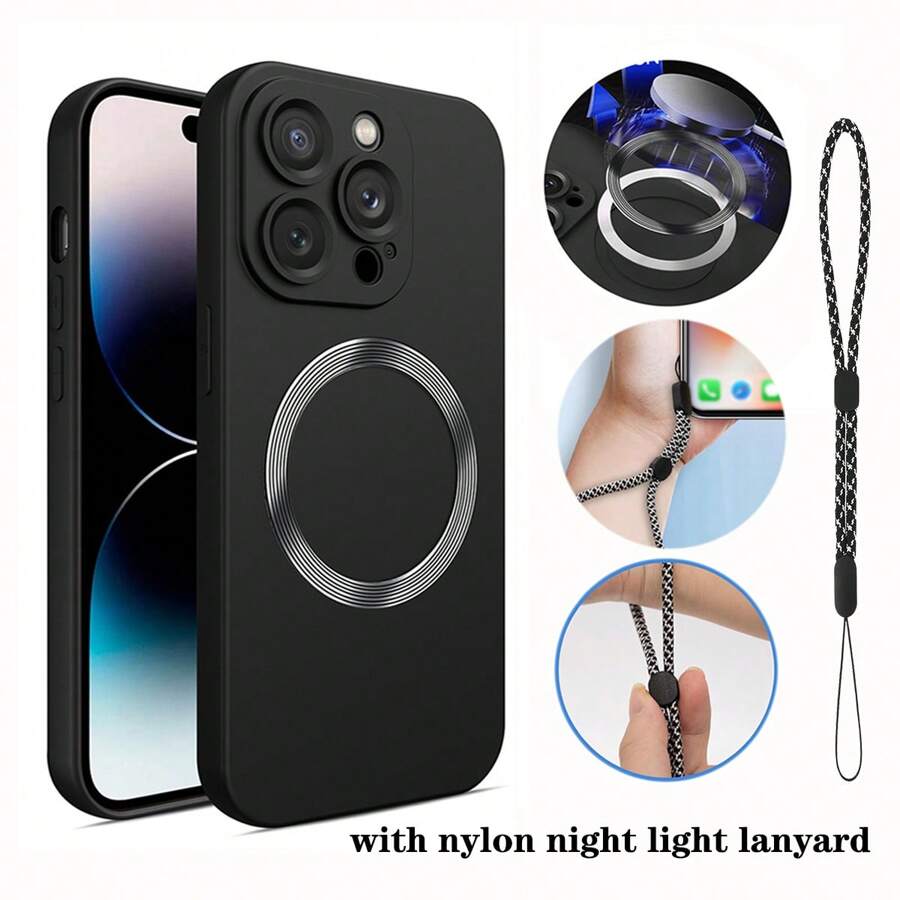 1pc Black Magnetic Soft Matte Protective Case With Glow-In-The-Dark Lanyard, Liquid Silicone Anti-Scratch Full-Body TPU Soft Protective Cover, Fingerprint-Resistant, Compatible With IPhone 15 Pro/15 Pro Max/15 Plus/15/14 Pro/14 Pro Max/14 Plus/14/13 Pro/13 Pro Max/13/13 Mini/12 Pro/12 Pro Max/12/12 Mini/11 Pro Max/11/11 Pro/XS Max/XR/XS