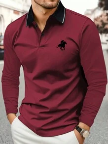 男士时尚骑士与赛马印花休闲长袖 Polo 衫，复古简约运动轻便商务 T 恤，适合日常穿着，春秋跑步上衣，秋季 - 酒紅色 - 查看 1