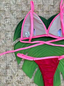 Bikini Set With Removable Pads And Adjustable Straps - String Bikini And Thong - 紅色配粉紅色 - 查看 2