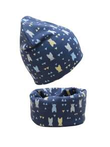 2 件套婴儿无檐小便帽和围巾套装，卡通熊图案保暖头饰帽和颈部围巾，适合 9 个月至 3 岁幼儿男孩和女孩秋冬春季 - 藏蓝色 - 查看 6