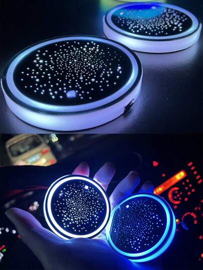2 piezas Alfombrilla con iluminación LED para el portavasos del coche, portavasos para coche con degradado estrellado y colorido, posavasos antideslizante recargable por USB