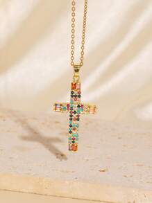 1pc Colar de cruz elegante e versátil, fé religiosa, zircônia cúbica, banhado a ouro, presente de aniversário para amigos