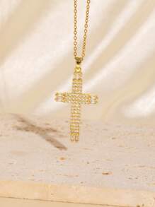 1pc Colar de cruz elegante e versátil, fé religiosa, zircônia cúbica, banhado a ouro, presente de aniversário para amigos
