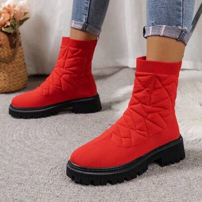 Women's Fashion Versatile Low-Top Sock Boots, Chunky Sole, Casual, Elastic, Ankle Boots