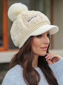 1 件女士时尚蓬松绒球无檐便帽，保暖户外涤纶帽，秋冬款，欧美风格 - 黑色 - 查看 5