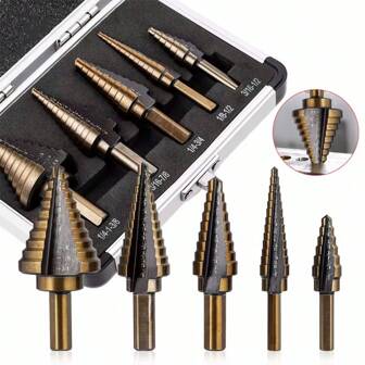 5Pcs Step Drill Bit Straight Groove Pagoda Hole Cutter Metal Cone Drill Bit Hole Opener 3/16" 1/2" 1/4" 3/4" 1-3/8" 7/8" 1/8",Tool Accessories