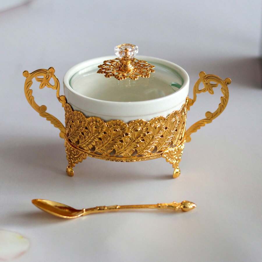 1 Set Lechera y Azucarero de color dorado, decoración de lujo estilo europeo para el hogar y la cocina, tarros multiusos para especias/condimentos, regalo de Navidad