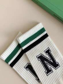1pair Women's White Fashionable Retro Sport Mid-Calf Socks With Letter Print, Fall - White - View 9