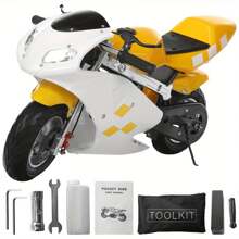 Pocket Bike, Mini Motorcycle, Gas Pocket Motorbike With Strong Dual Brake - White & Yellow - View 2