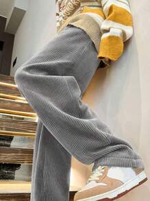 Pantalones flojos informales de moda para hombres con cordón de pana - Gris Claro - Ver 1