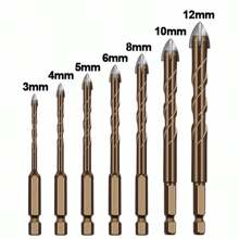 7Pcs Cross Tile Drill Bits Set Hex Shank Glass Cement Metal Ceramic Wood Plastic Alloy Drill Bit 3 4 5 6 8 10 12mm Hole Opener,Tool Accessories