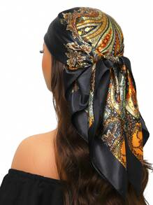 1pc 90*90cm Sun Protection Headscarf, Outdoor Classic Windproof Scarf Shawl, Unisex Versatile Air-Conditioned Room Neckerchief, Thin Seasonal Cashew Printed Silk Scarf, Colorful Blue Green Square Bandanna - A - View 11