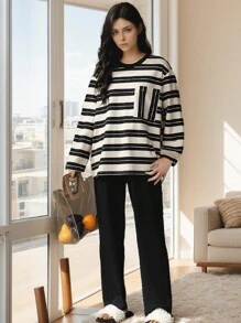 女士休闲条纹长袖毛衣和裤子两件套家居服套装，春季，两件套 - 黑與白 - 查看 6