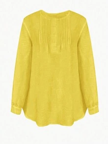 Round Neck Casual Ladies Solid Color Cute Pleated Long Sleeve Blouse Shirt, Comfortable, Versatile, Suitable For Seaside, Vacation, Work, Spring/Summer/Autumn - Yellow - View 3