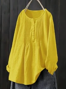 Round Neck Casual Ladies Solid Color Cute Pleated Long Sleeve Blouse Shirt, Comfortable, Versatile, Suitable For Seaside, Vacation, Work, Spring/Summer/Autumn - Yellow - View 1