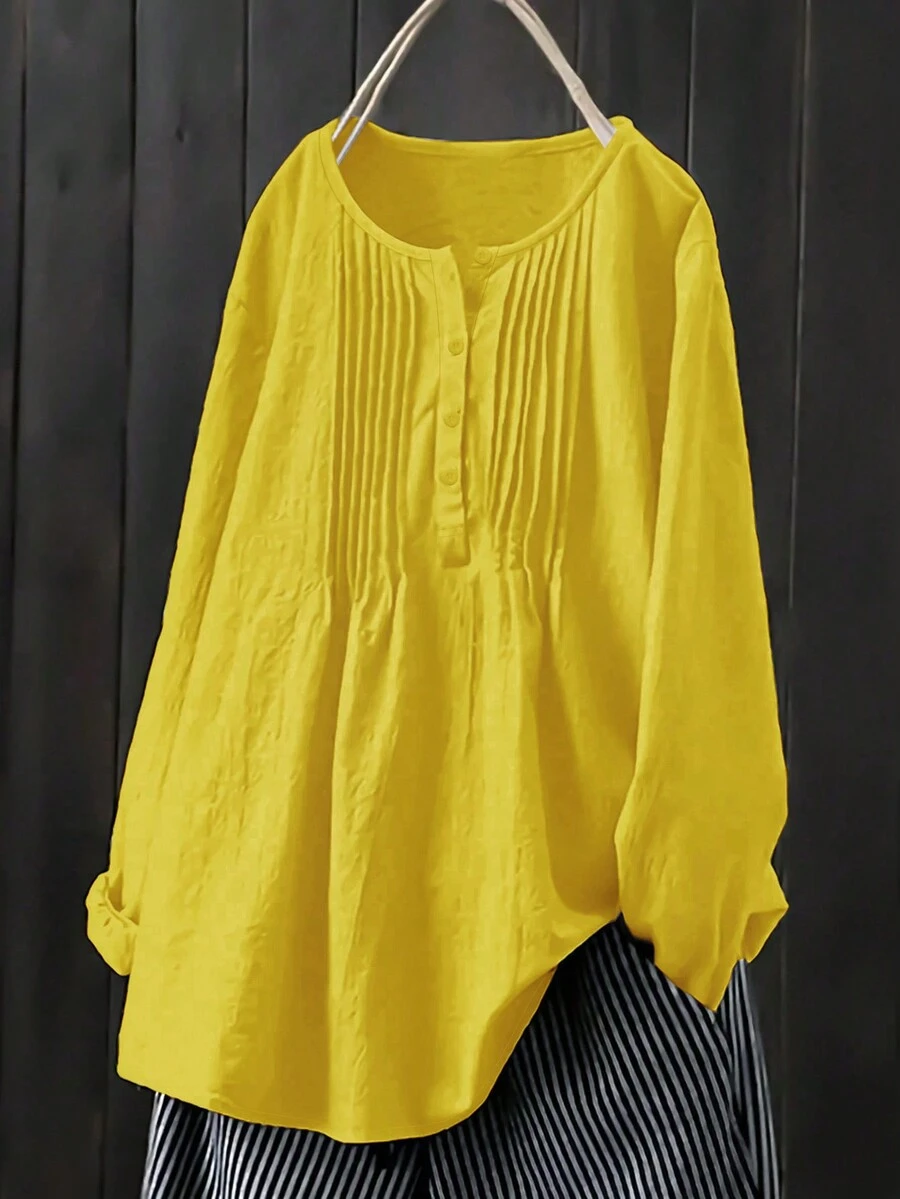 Round Neck Casual Ladies Solid Color Cute Pleated Long Sleeve Blouse Shirt, Comfortable, Versatile, Suitable For Seaside, Vacation, Work, Spring/Summer/Autumn - Yellow - View 1
