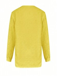 Round Neck Casual Ladies Solid Color Cute Pleated Long Sleeve Blouse Shirt, Comfortable, Versatile, Suitable For Seaside, Vacation, Work, Spring/Summer/Autumn - Yellow - View 2
