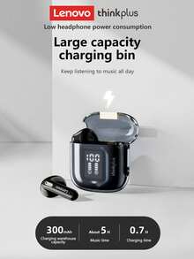 Lenovo Tai nghe Bluetooth bán nhét tai chống ồn thụ động LP6PRO có màn hình kỹ thuật số, chất lượng âm thanh Hi-Fi, độ trễ thấp, micrô, thời lượng pin dài, tai nghe không dây để nghe nhạc và chơi game - màu đen - Xem 7