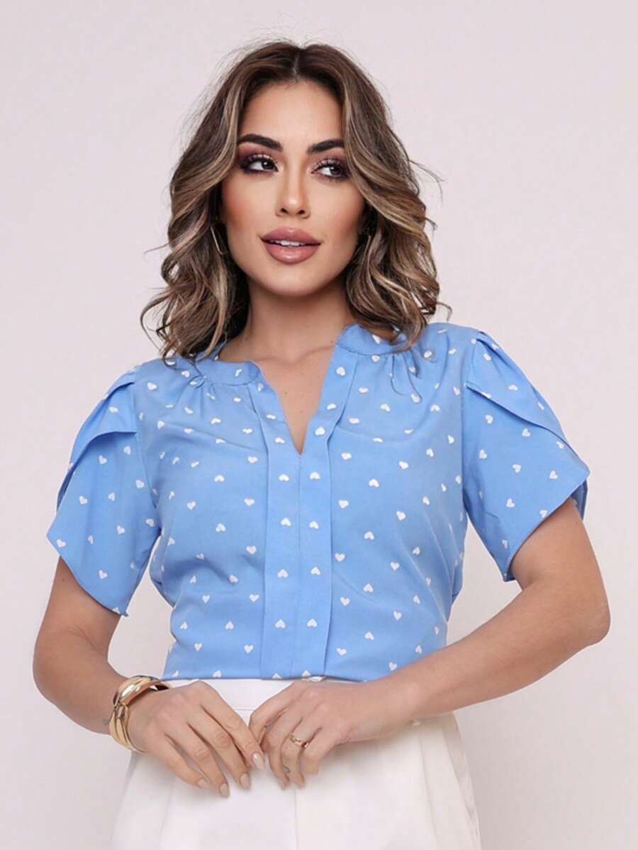 New Women's Heart Print Petal Sleeve V-Neck Summer Beach Blouse - 淺藍色 - 查看 1