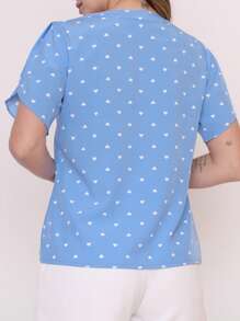 New Women's Heart Print Petal Sleeve V-Neck Summer Beach Blouse - 淺藍色 - 查看 2