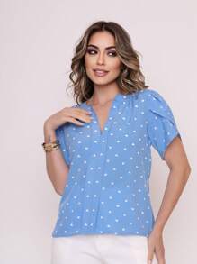 New Women's Heart Print Petal Sleeve V-Neck Summer Beach Blouse - 淺藍色 - 查看 4