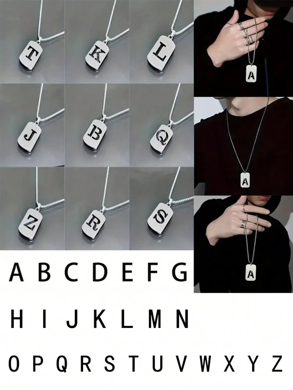 1 pieza Collar de acero inoxidable de moda para hombre - 26 letras iniciales huecas, elegante collar colgante con letra, resistente a la decoloración, adecuado para uso casual y cadenas de suéter