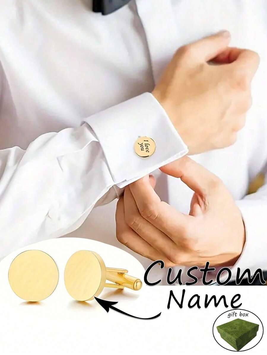 2 件定制名字袖扣，个性化伴郎袖扣，婚礼袖扣，不锈钢袖扣，男士生日周年纪念礼物 - 銀色 - 查看 1